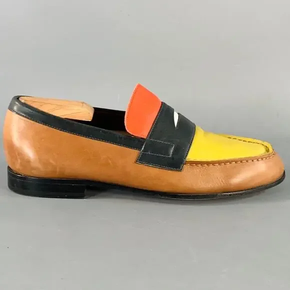 Size 8 Tan Multi Color Color Block Leather Slip On Penny Loafers